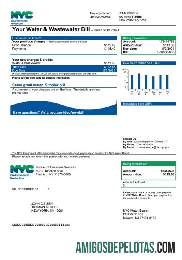 realista Modelo de conta de serviços públicos do Departamento de Proteção Ambiental (DEP) da cidade de Nova York em formato Word e PDF